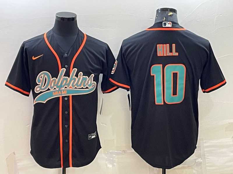Men%27s Miami Dolphins #10 Tyreek Hill Black With Patch Cool Base Stitched Baseball Jersey